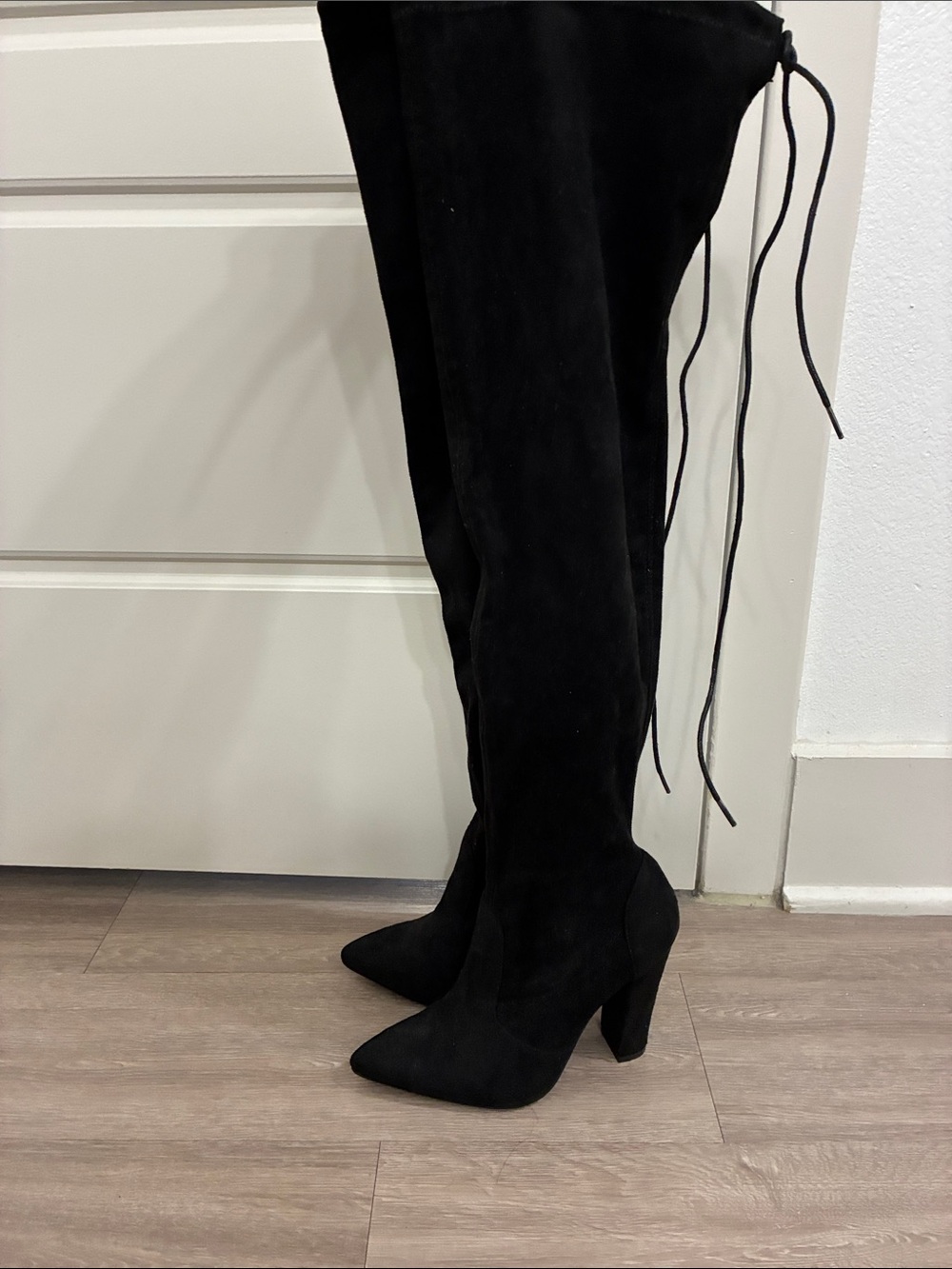 Black Over-the-Knee Women's Boots - Suede Pointed-Toe Heel